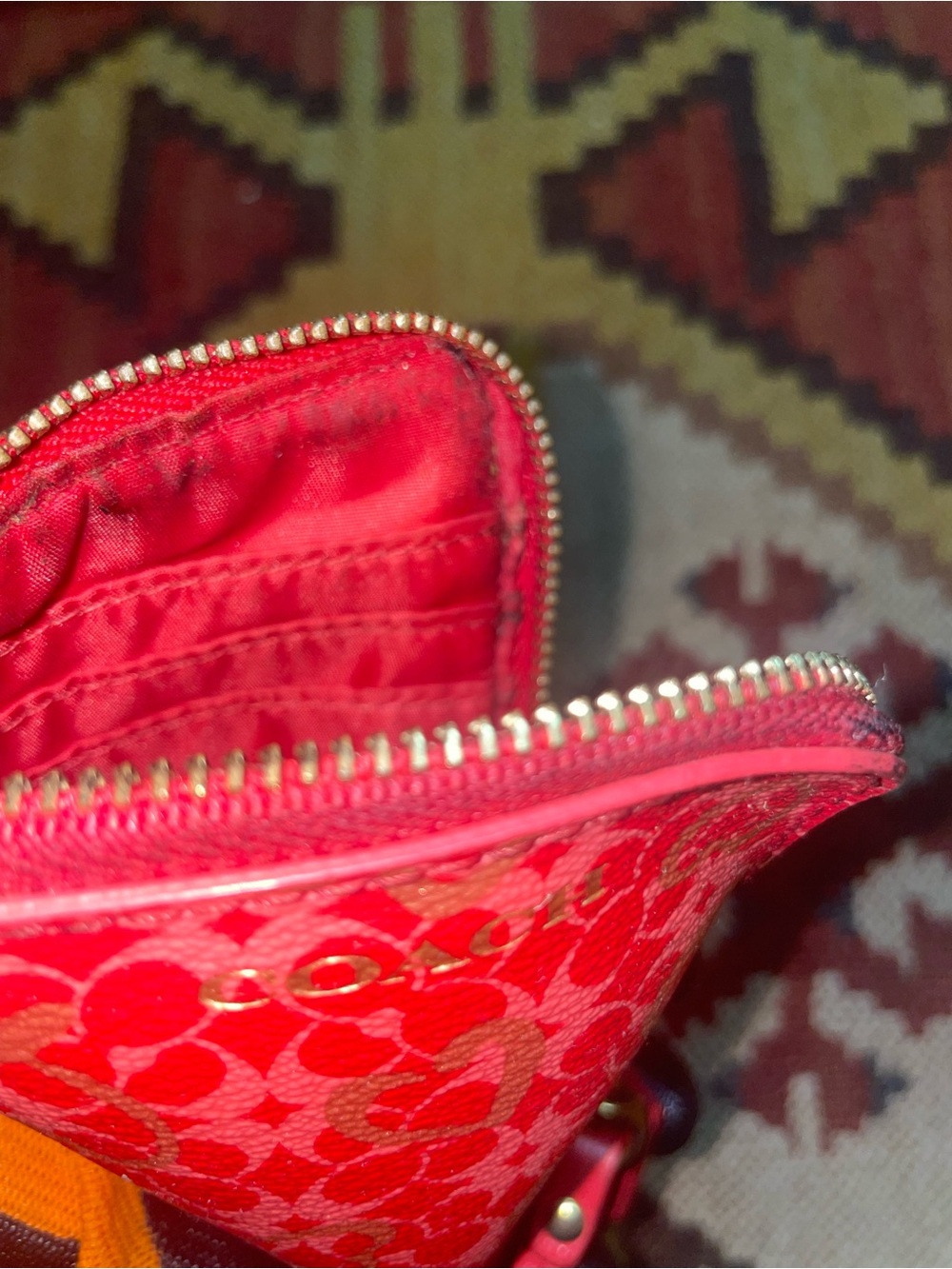 Vintage Coach Pink-Red Gold Heart Print Mini Wristlet with Gold Accents - Picture 8 of 10